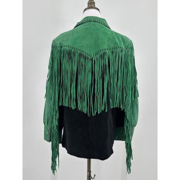 Bob Mackie Wearable Art Vintage Green Suede Leather Fringe Western Jacket Sz S - Picture 3 of 6